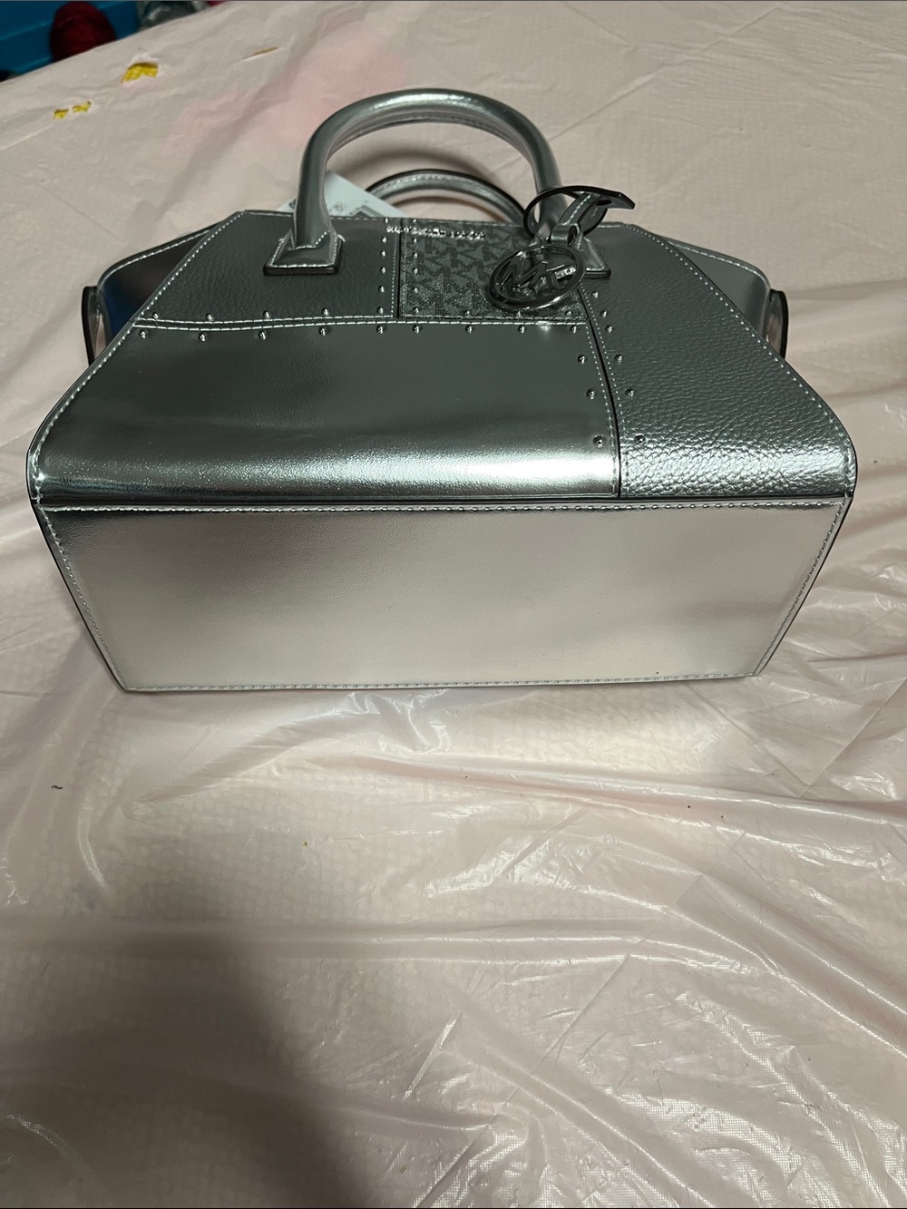 Michael Kors Silver Metallic Patchwork Satchel with MK Charm,cross body strap - Picture 2 of 4